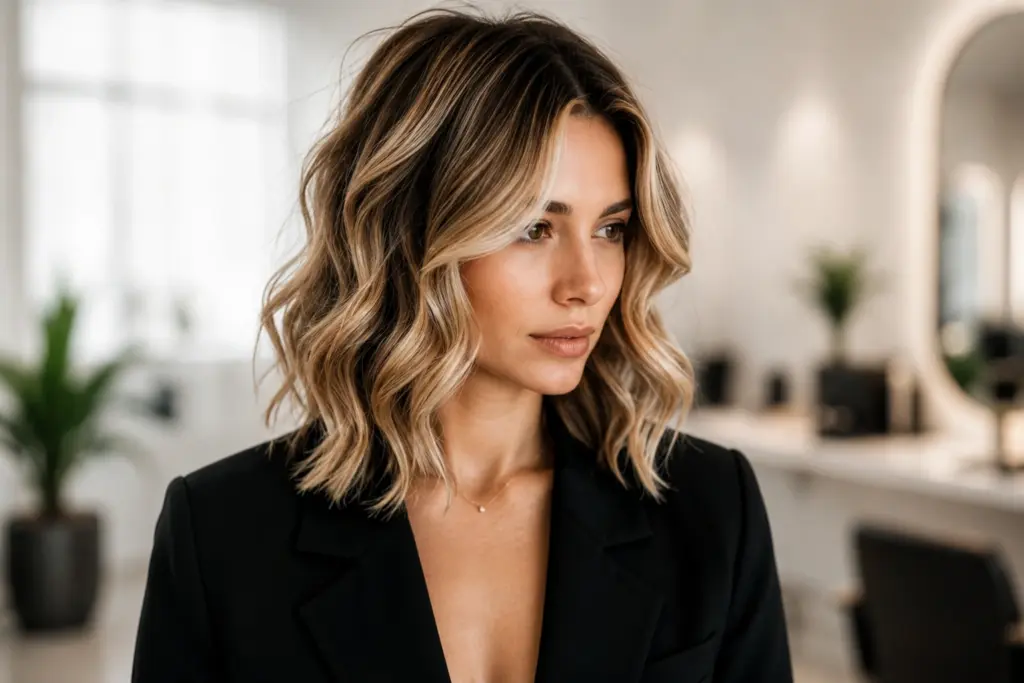 Frau mit blond-braunem, gewelltem Bob im modernen Friseursalon