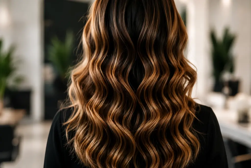 Rückansicht langer, glänzender brauner Haare mit warmen Highlights