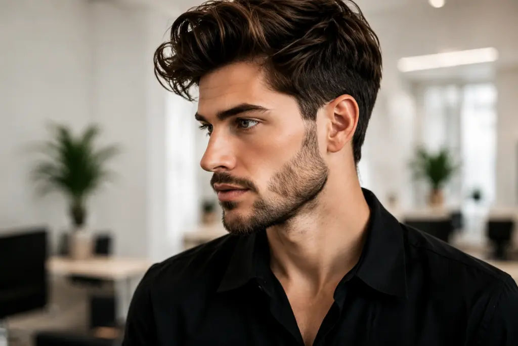 Mann mit professionell gestyltem dunklem Haar im Salon