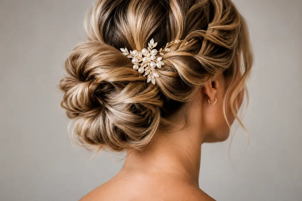 Elegante blonde Hochsteckfrisur mit Perlen-Haarschmuck