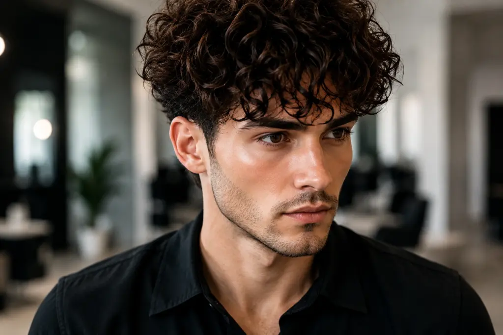 Junger Mann mit dunklen Locken im modernen Salon