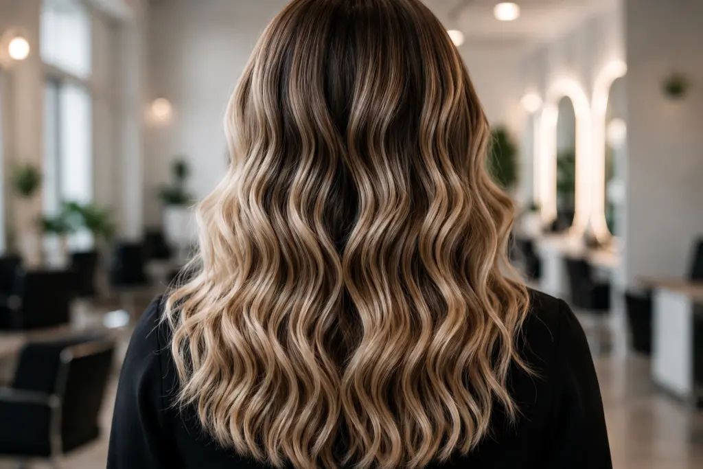 Rückansicht langer heller Balayage-Wellen