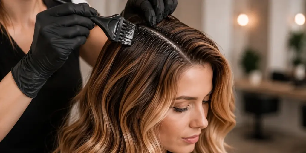 Friseurin trägt Haarfarbe mit einem Pinsel gezielt am Ansatz auf