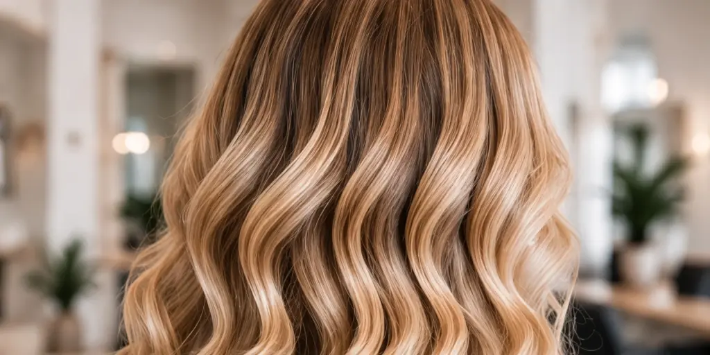 Langes blondes Haar mit weichen Balayage-Farbverläufen und Wellen
