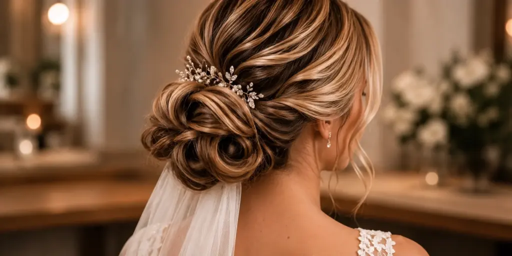 Elegante Brautfrisur mit tiefem Dutt, Haarschmuck und Schleier