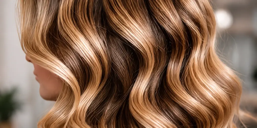Blondes, wellig gestyltes Haar nach einem professionellen Damenhaarschnitt