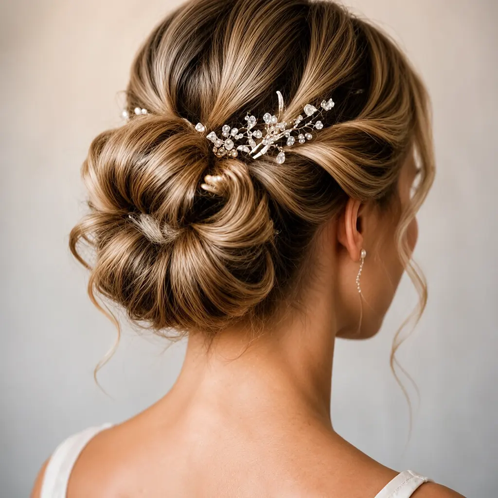 Elegante blonde Hochsteckfrisur mit floralem Haarschmuck