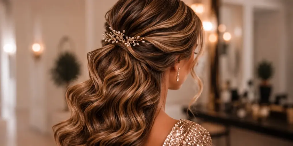 Glamouröse halboffene Eventfrisur mit glänzenden Wellen und Haarschmuck