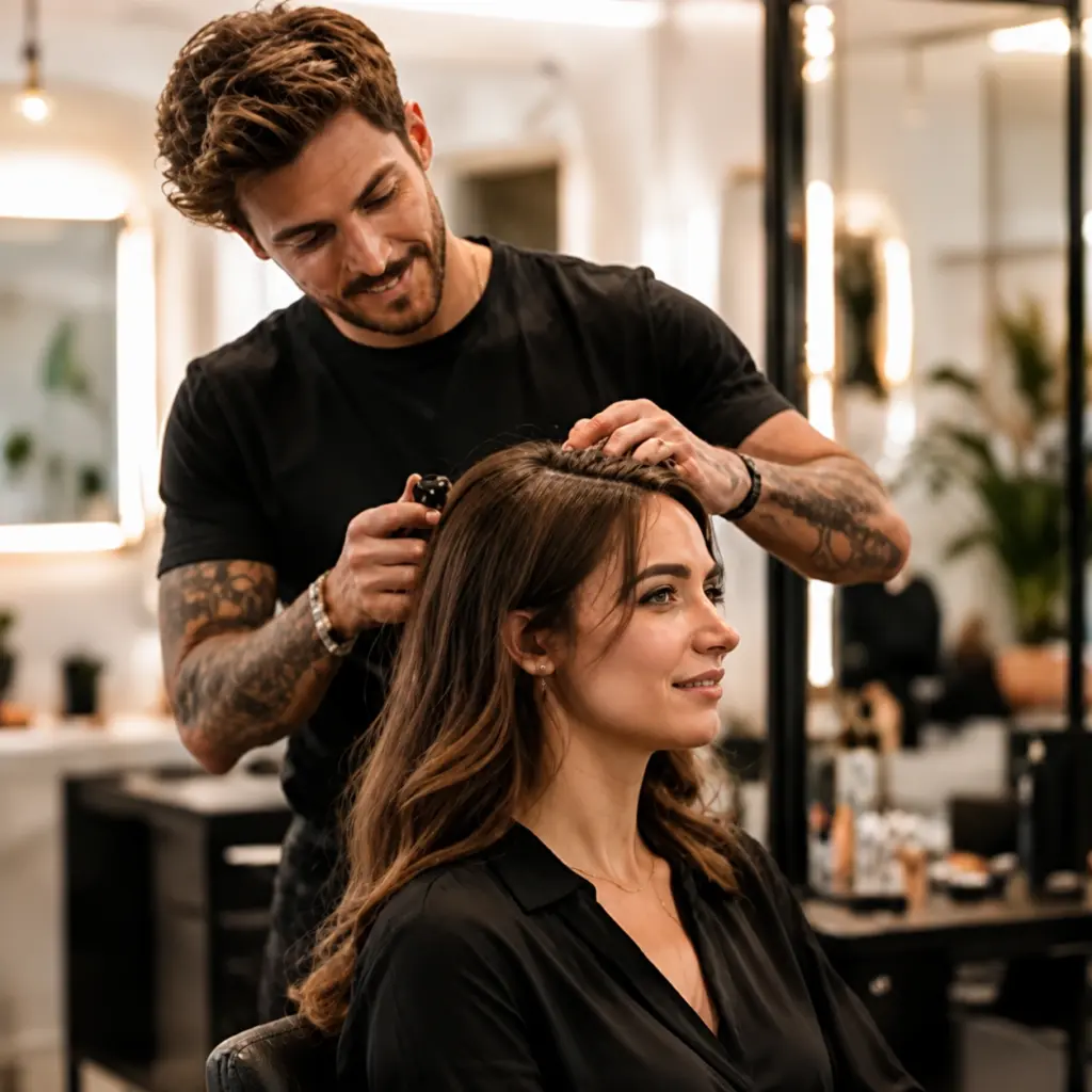 Friseur stylt das lange Haar einer Kundin in einem modernen Salon