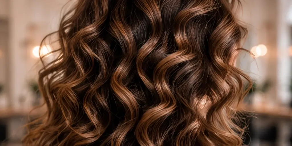 Langes braunes Haar mit definierten, glänzenden Locken