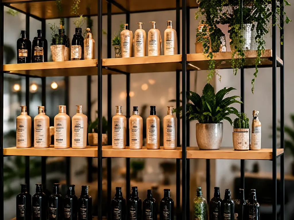 Regal mit verschiedenen Haarpflegeprodukten und Pflanzen im Friseursalon
