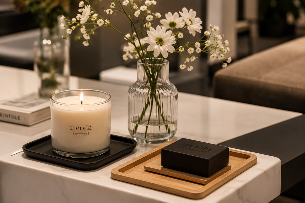 Salon-Detail mit Kerze, Blumen und Ablage