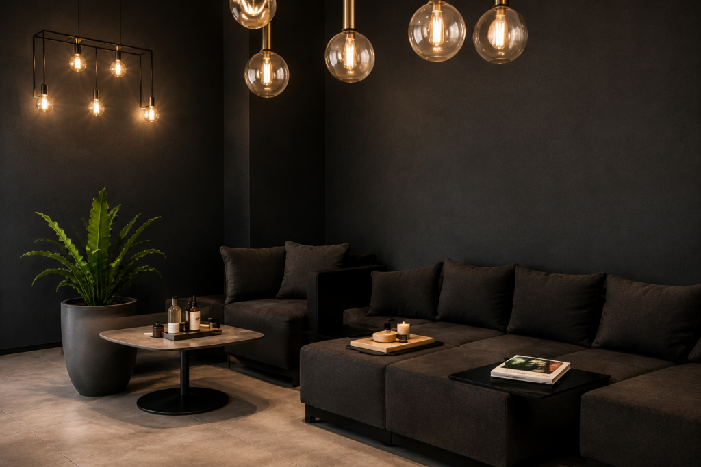 Elegante dunkle Salonlounge mit warmen Pendelleuchten