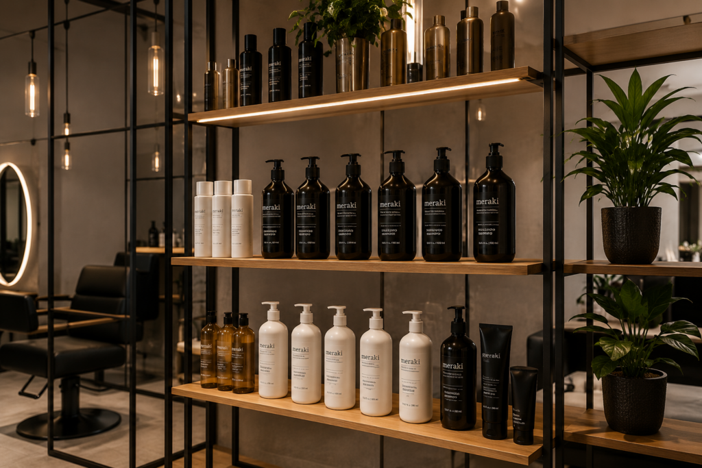 Modernes Produktregal mit Haarpflegeprodukten und Pflanzen