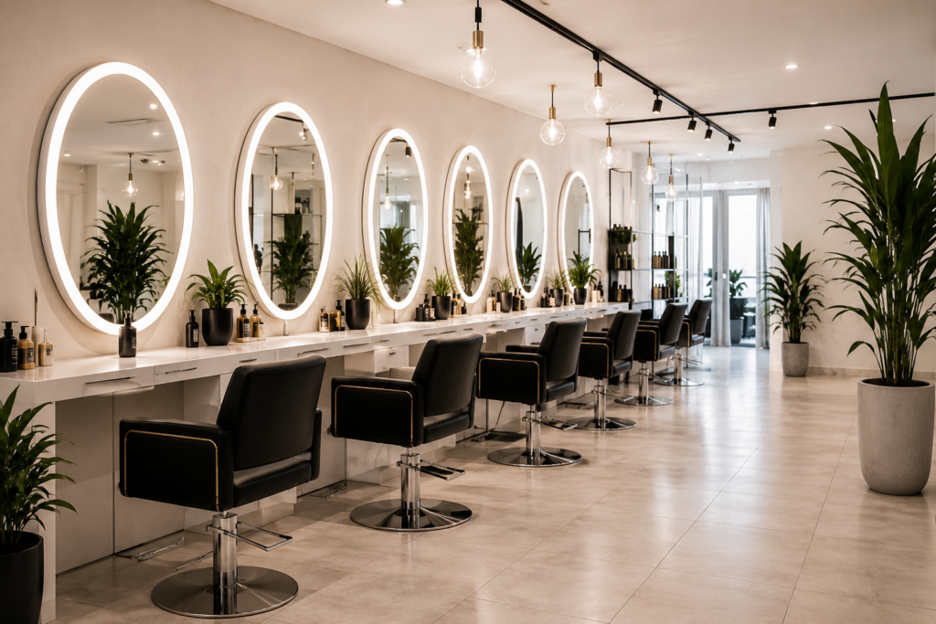 Heller Salonbereich mit ovalen Spiegeln und schwarzen Stühlen
