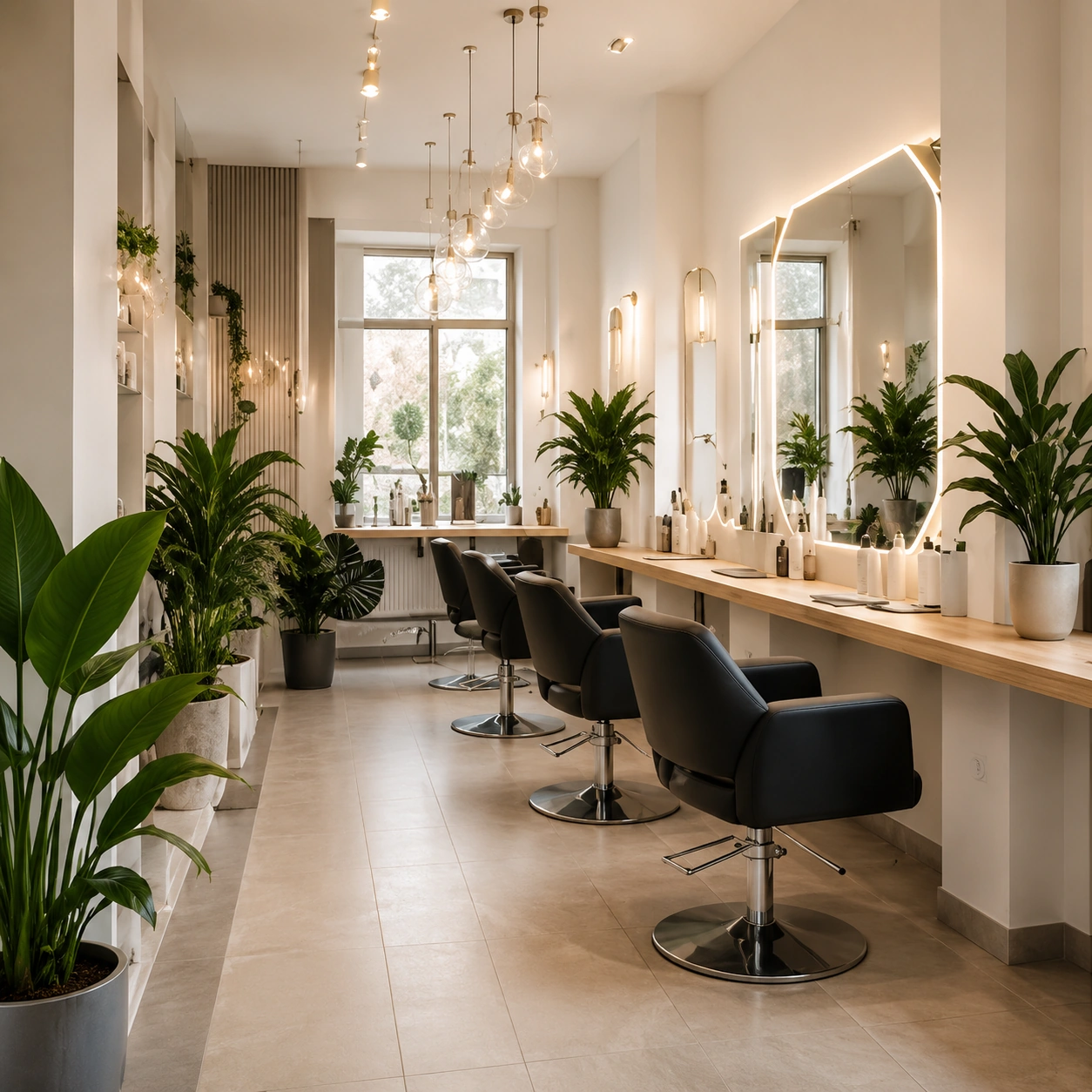 Heller moderner Friseursalon mit Spiegeln und schwarzen Stühlen