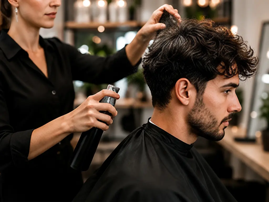 Friseurin fixiert das lockige Herrenstyling mit Haarspray
