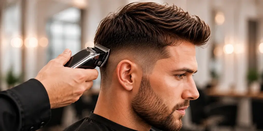 Friseur schneidet einen präzisen Fade-Haarschnitt mit einer Haarschneidemaschine