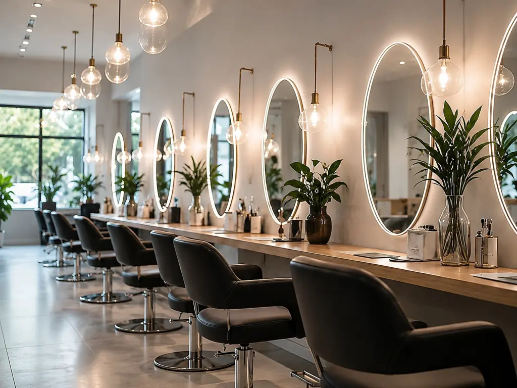 Heller Friseursalon mit ovalen Spiegeln und schwarzen Stylingstühlen