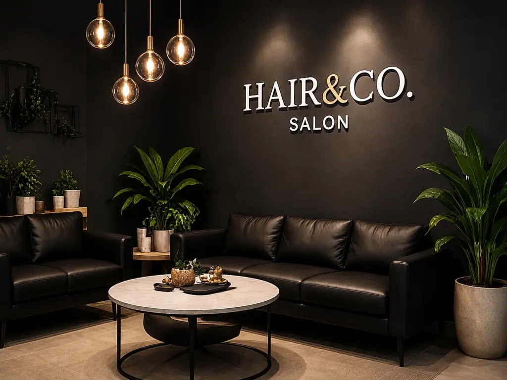 Dunkle Salonlounge mit Hair-&-Co.-Wandlogo, Sofa und Pflanzen
