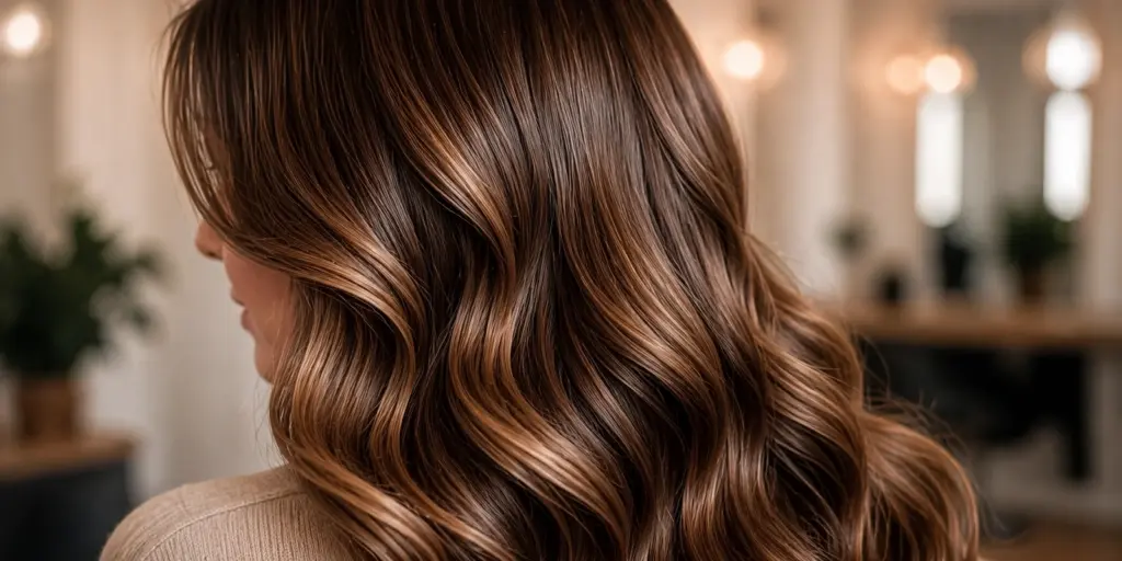 Glänzendes, frisch coloriertes braunes Haar mit gleichmäßigem Farbergebnis