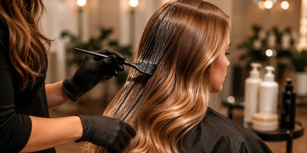 Friseurin arbeitet eine reparierende Pflegebehandlung in langes Haar ein