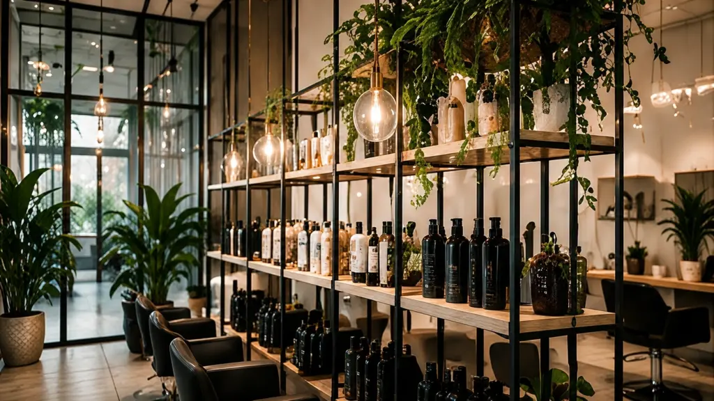 Offenes Salonregal mit Haarpflegeprodukten, Pflanzen und warmen Pendelleuchten