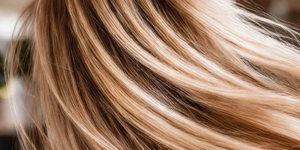 Nahaufnahme von glattem Haar mit feinen blonden Strähnen am Oberkopf