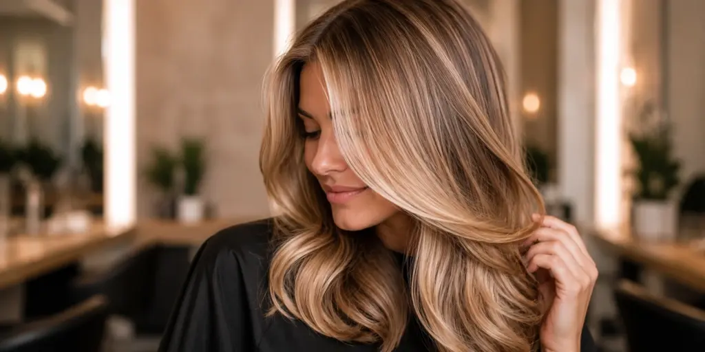 Frisch geföhntes blondes Haar mit weichem Volumen und glänzendem Finish