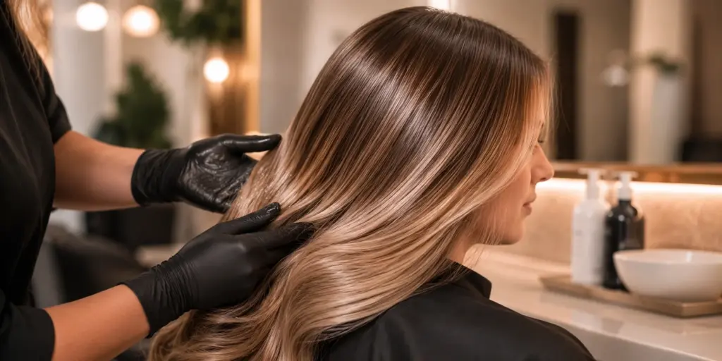 Friseurin pflegt langes, glattes Haar für mehr Stärke und Glanz
