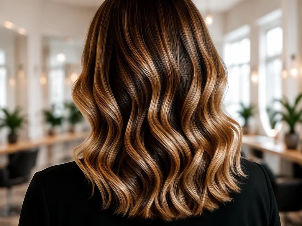 Rückansicht langer Balayage-Wellen mit warmen Blond- und Brauntönen